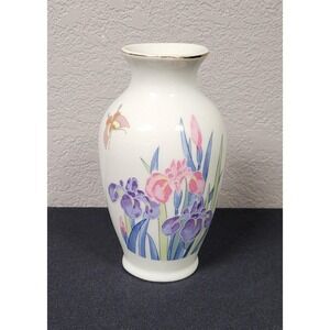 Asahi Japanese Porcelain Vase Floral and Butterfly Design 6 Inch Tall
